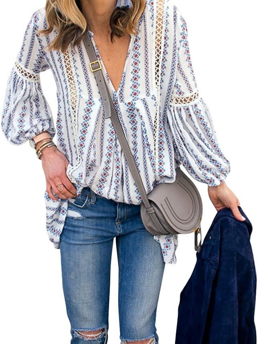 Hount Embroidered Peasant Blouse with Lace Trim - White/Blue
